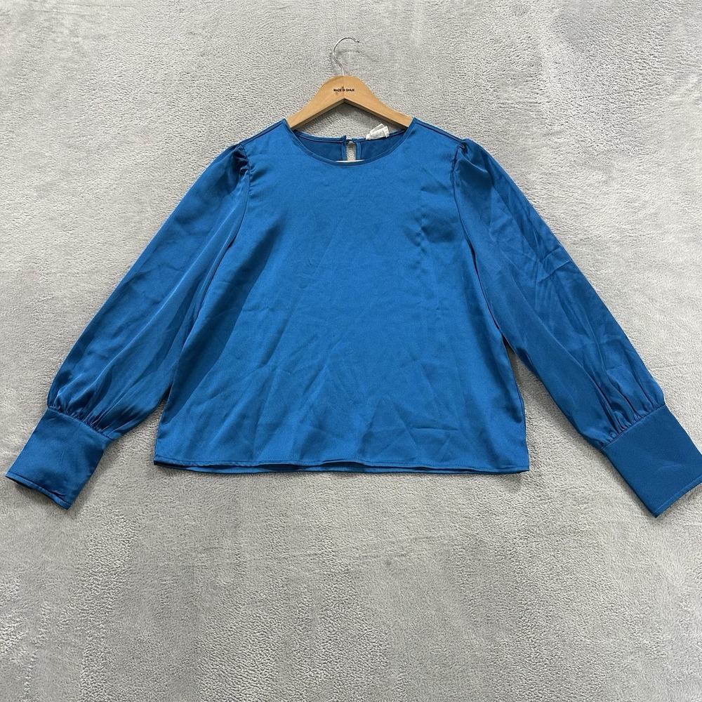 Nicole Miller Blouse Top Women's M Satin Royal Blue Long Sleeve Formal Brunch